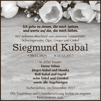 Traueranzeige von Siegmund Kubal von Super Sonntag Aschersleben