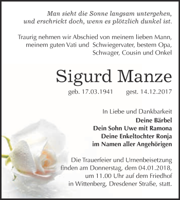 Traueranzeige von Sigurd Manze von WVG - Wochenspiegel Wittenberg
