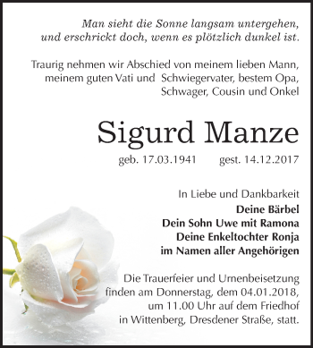 Traueranzeige von Sigurd Manze von Mitteldeutsche Zeitung