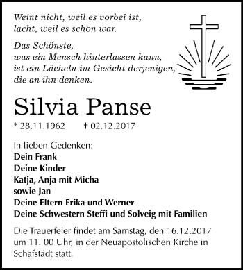 Traueranzeige von Silvia Panse von WVG - Wochenspiegel Merseburg