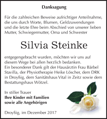 Traueranzeige von Silvia Steinke von Mitteldeutsche Zeitung Zeitz
