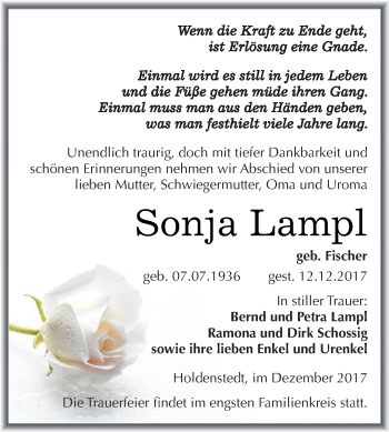 Traueranzeige von Sonja Lampl von Super Sonntag SGH Mansf. Land