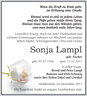 Traueranzeige von Sonja Lampl von Mitteldeutsche Zeitung