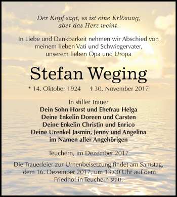 Traueranzeige von Stefan Weging von WVG - Wochenspiegel NMB / WSF / ZTZ