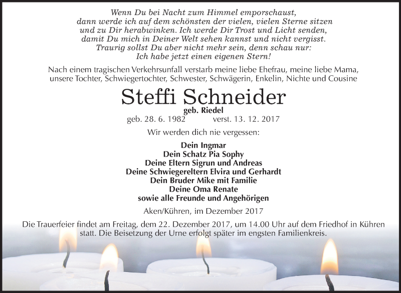  Traueranzeige für Steffi Schneider vom 16.12.2017 aus Mitteldeutsche Zeitung Köthen