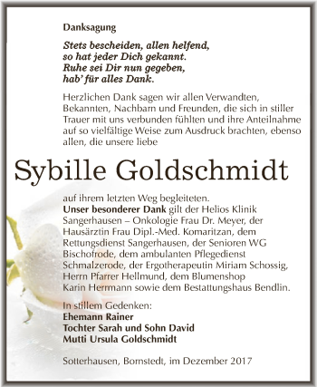 Traueranzeige von Sybille Goldschmidt von Super Sonntag SGH Mansf. Land