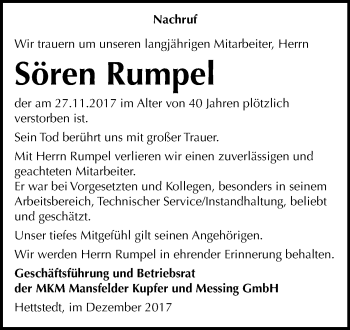 Traueranzeige von Sören Rumpel von Mitteldeutsche Zeitung