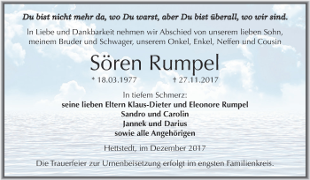 Traueranzeige von Sören Rumpel von Wochenspiegel Mansfelder Land