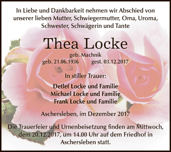 Traueranzeige von Thea Locke von Super Sonntag Aschersleben
