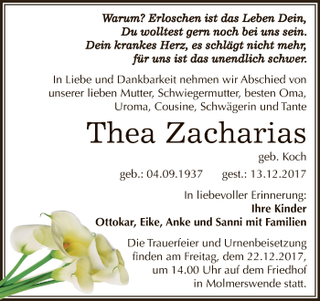Traueranzeige von Thea Zacharias von Wochenspiegel Mansfelder Land
