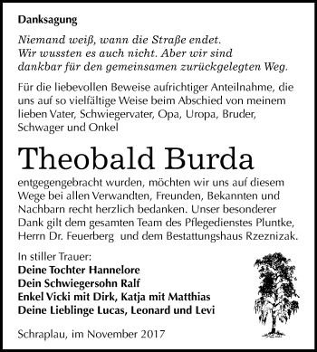 Traueranzeige von Theobald Burda von WVG - Wochenspiegel Merseburg