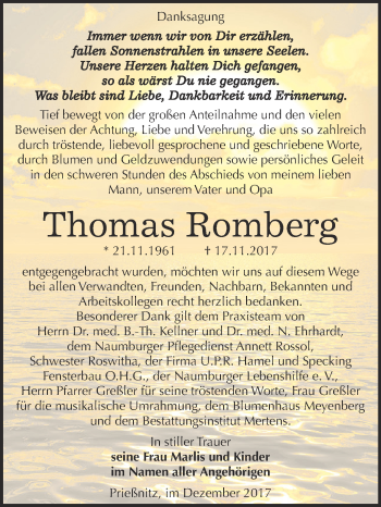 Traueranzeige von Thomas Romberg von WVG - Wochenspiegel NMB / WSF / ZTZ