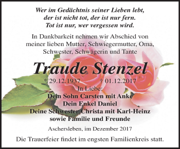 Traueranzeige von Traude Stenzel von Mitteldeutsche Zeitung Aschersleben