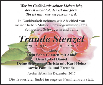 Traueranzeige von Traude Stenzel von Super Sonntag Aschersleben