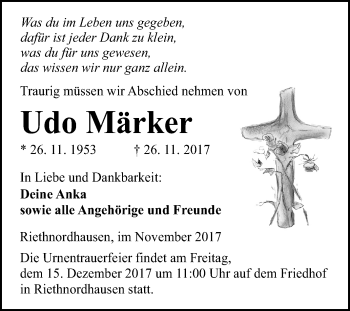 Traueranzeige von Udo Märker von Mitteldeutsche Zeitung Sangerhausen
