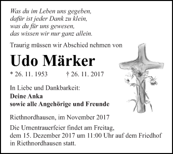 Traueranzeige von Udo Märker von WVG - Wochenspiegel SGH