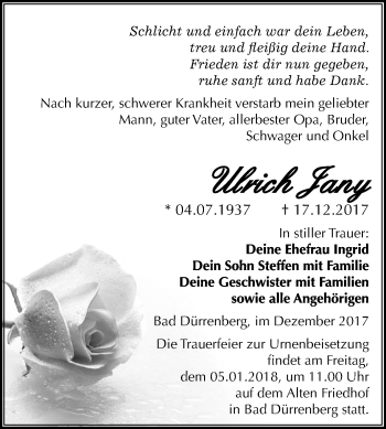 Traueranzeige von Ulrich Jany von Mitteldeutsche Zeitung Merseburg/Querfurt