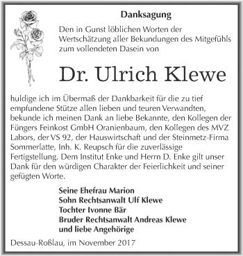 Traueranzeige von Ulrich Klewe von WVG - Wochenspiegel Dessau / Köthen