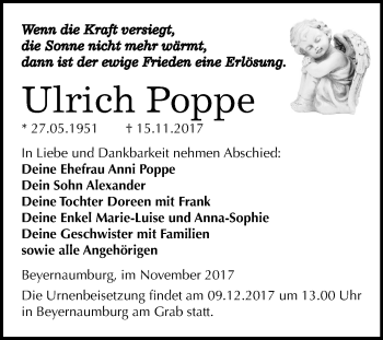 Traueranzeige von Ulrich Poppe von Mitteldeutsche Zeitung Sangerhausen