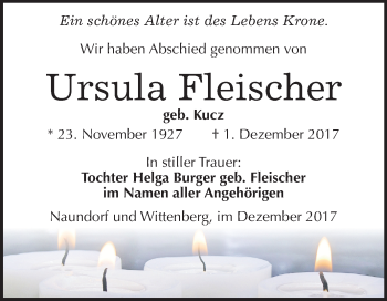 Traueranzeige von Ursula Fleischer von Mitteldeutsche Zeitung