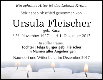 Traueranzeige von Ursula Fleischer von WVG - Wochenspiegel NMB / WSF / ZTZ