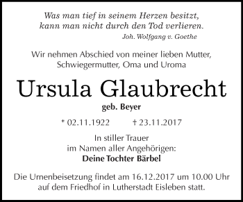 Traueranzeige von Ursula Glaubrecht von Super Sonntag SGH Mansf. Land