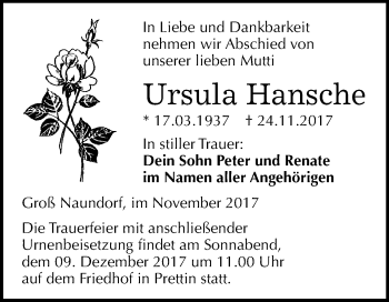 Traueranzeige von Ursula Hansche von Mitteldeutsche Zeitung
