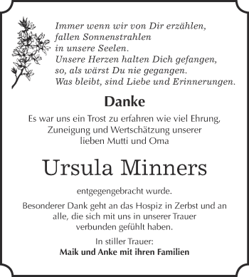 Traueranzeige von Ursula Minners von WVG - Wochenspiegel Wittenberg