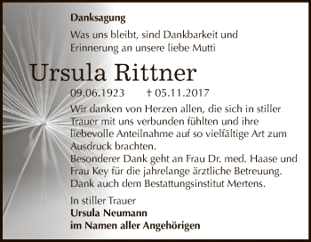 Traueranzeige von Ursula Rittner von WVG - Wochenspiegel NMB / WSF / ZTZ