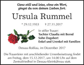 Traueranzeige von Ursula Rummel von Mitteldeutsche Zeitung Dessau-Roßlau