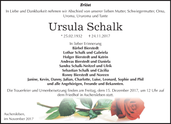Traueranzeige von Ursula Schalk von Mitteldeutsche Zeitung Aschersleben