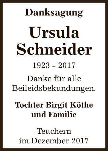 Traueranzeige von Ursula Schneider von WVG - Wochenspiegel NMB / WSF / ZTZ