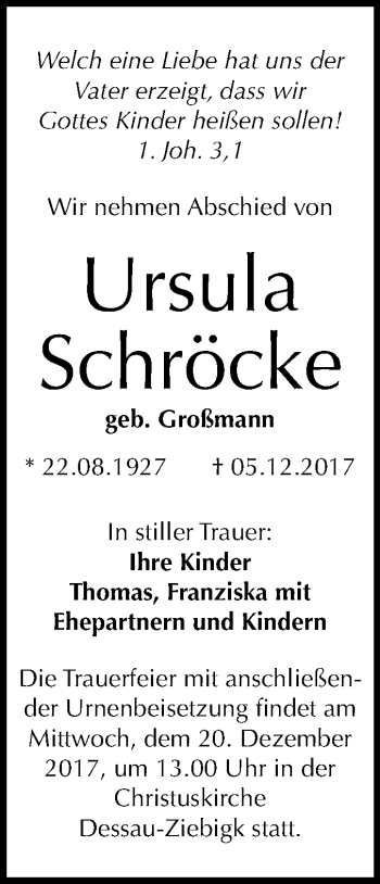 Traueranzeige von Ursula Schröcke von Mitteldeutsche Zeitung Dessau-Roßlau