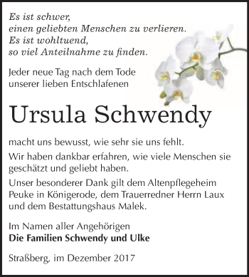 Traueranzeige von Ursula Schwendy von WVG - Wochenspiegel Quedlinburg