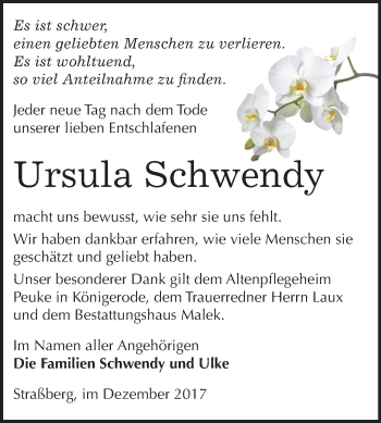 Traueranzeige von Ursula Schwendy von Mitteldeutsche Zeitung