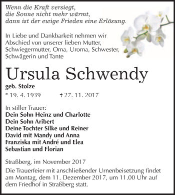 Traueranzeige von Ursula Schwendy von WVG - Wochenspiegel Quedlinburg