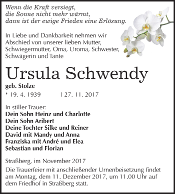 Traueranzeige von Ursula Schwendy von Mitteldeutsche Zeitung