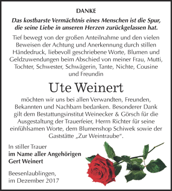Traueranzeige von Ute Weinert von Super Sonntag Bernburg
