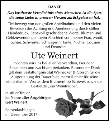 Traueranzeige von Ute Weinert von Mitteldeutsche Zeitung Bernburg