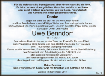 Traueranzeige von Uwe Benndorf von WVG - Wochenspiegel NMB / WSF / ZTZ