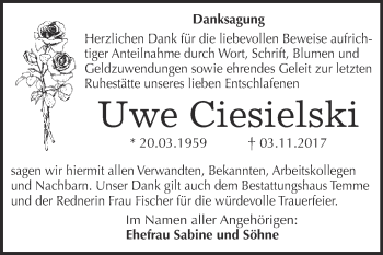 Traueranzeige von Uwe Ciesielski von WVG - Wochenspiegel Bitterfeld