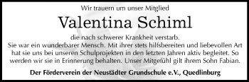 Traueranzeige von Valentina Schiml von WVG - Wochenspiegel Quedlinburg