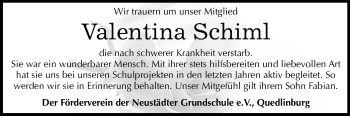 Traueranzeige von Valentina Schiml von Mitteldeutsche Zeitung