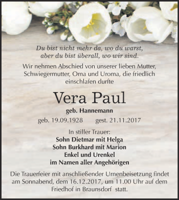 Traueranzeige von Vera Paul von WVG - Wochenspiegel Wittenberg