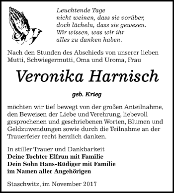 Traueranzeige von Veronika Harnisch von Mitteldeutsche Zeitung Zeitz