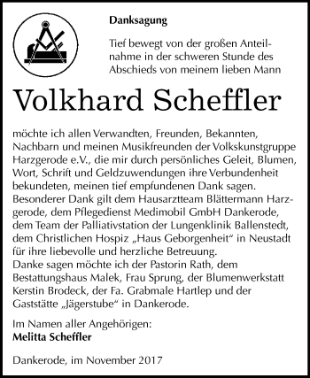 Traueranzeige von Volkhard Scheffler von WVG - Wochenspiegel Quedlinburg