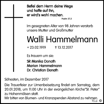 Traueranzeige von Walli Hammelmann von Mitteldeutsche Zeitung Weißenfels
