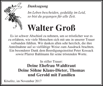 Traueranzeige von Walter Groß von WVG - Wochenspiegel Dessau / Köthen