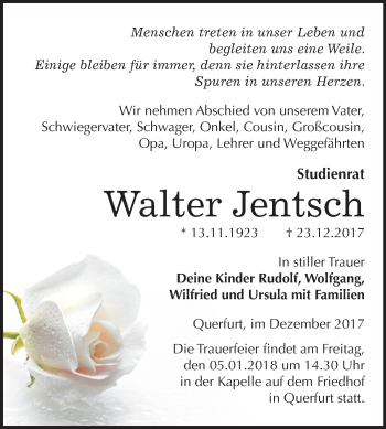 Traueranzeige von Walter Jentsch von Mitteldeutsche Zeitung Merseburg/Querfurt