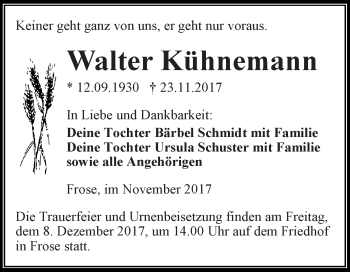 Traueranzeige von Walter Kühnemann von Super Sonntag Aschersleben